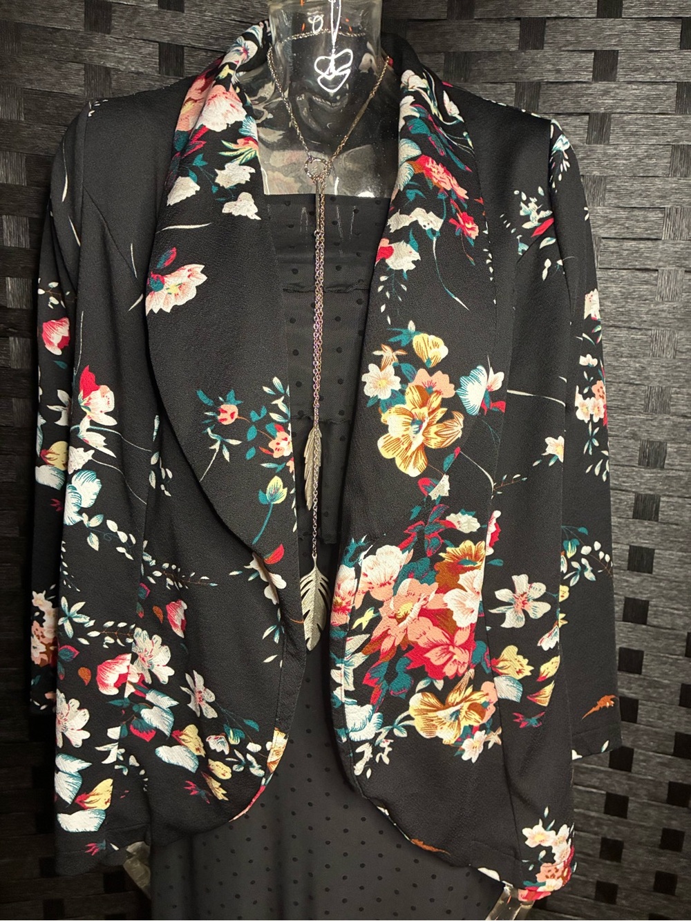SHEIN Black Floral Draped Open Front Blazer